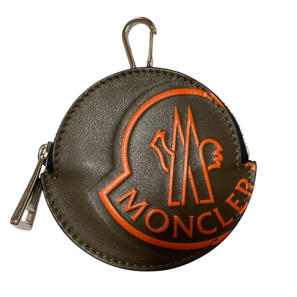 Moncler Logo Print Leather Neck Strap Round Coin Purse Pouch Khaki Orange