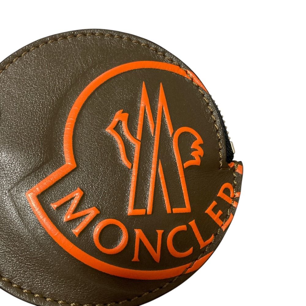 Moncler Logo Print Leather Neck Strap Round Coin Purse Pouch Khaki Orange — view 4