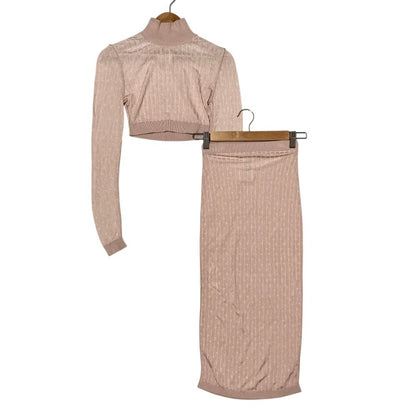 Fendi FF Logo Striped Rib Knit Short Top & Pencil Skirt Set Pink Spring 36