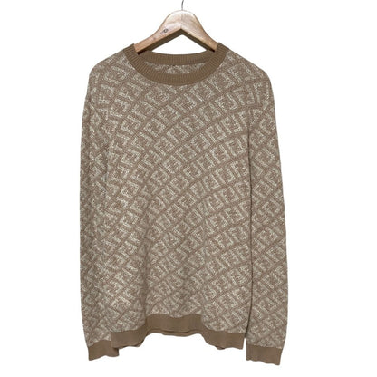 Fendi FF Logo All Over Print Crew Neck Knit Sweater Beige White