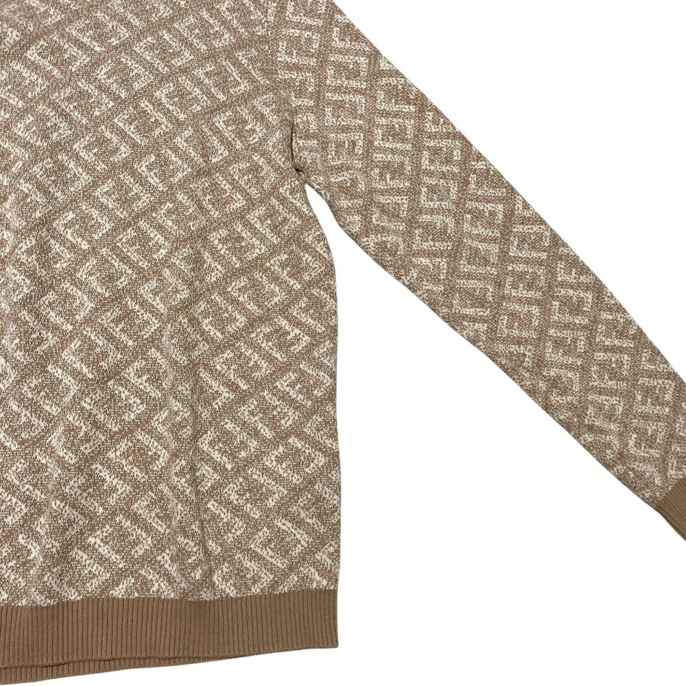 Fendi FF Logo All Over Print Crew Neck Knit Sweater Beige White — view 3
