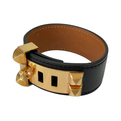 Hermes Collier de Chien Leather Bracelet Bangle Gold T 1 Black