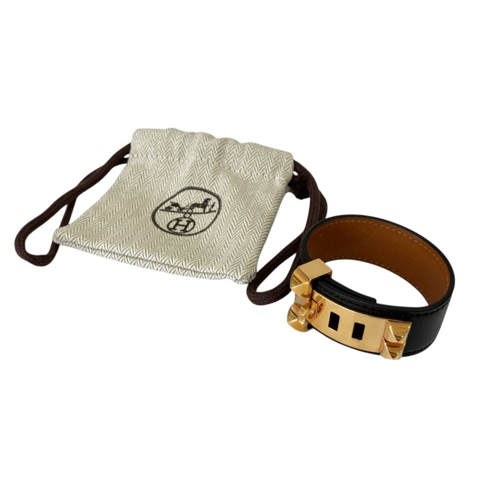 Hermes Collier de Chien Leather Bracelet Bangle Gold T 1 Black — view 7