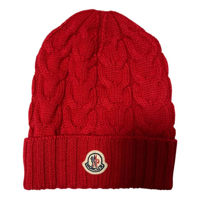 Moncler Cable Knit Wool Logo Patch Cap L Red Spring Summer Fall Winter Hat — view 6