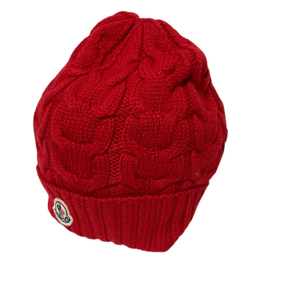Moncler Cable Knit Wool Logo Patch Cap L Red Spring Summer Fall Winter Hat