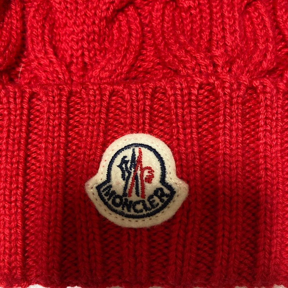 Moncler Cable Knit Wool Logo Patch Cap L Red Spring Summer Fall Winter Hat — view 7