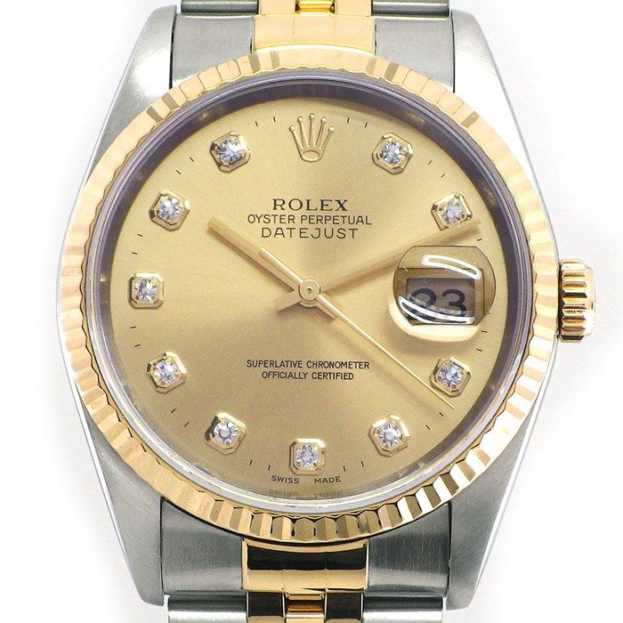 Rolex Watch Datejust Diamond Index Sunray Champagne Color Dial Date 18k Yellow