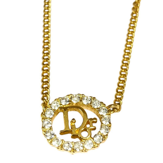 Dior Vintage Crystal Oval Logo Pendant Gold Colored
