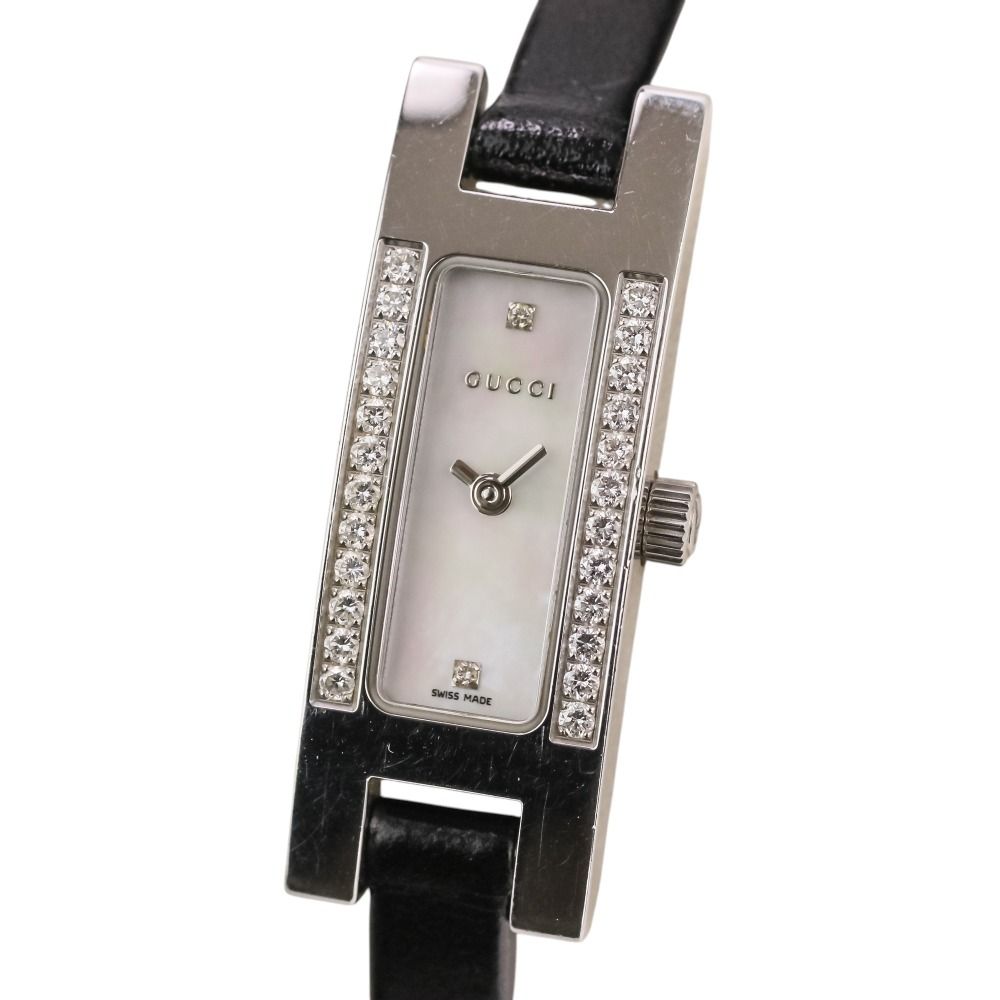 Gucci Diamond Bezel Square Quartz Watch White Shell Dial Silver Colored Black