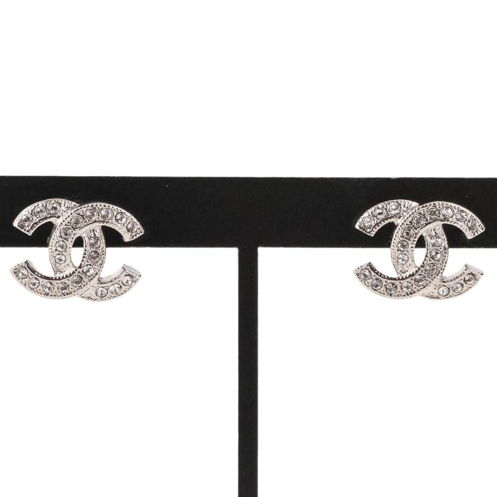 Chanel Rhinestone CC Logo Earrings Silver Colored — view 2