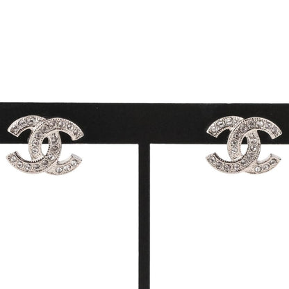 Chanel Rhinestone CC Logo Earrings Silver Colored — view 2