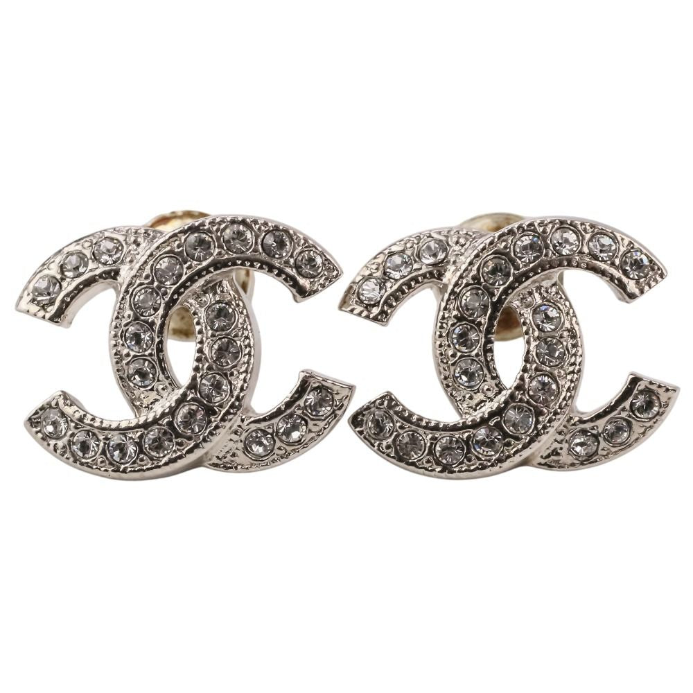 Chanel Rhinestone CC Logo Earrings Silver Colored