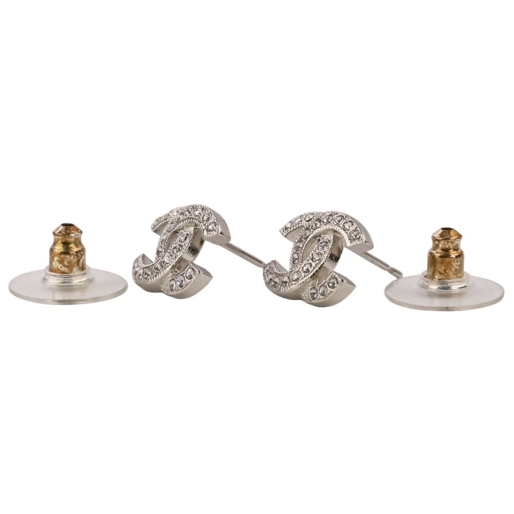 Chanel Rhinestone CC Logo Earrings Silver Colored — view 6
