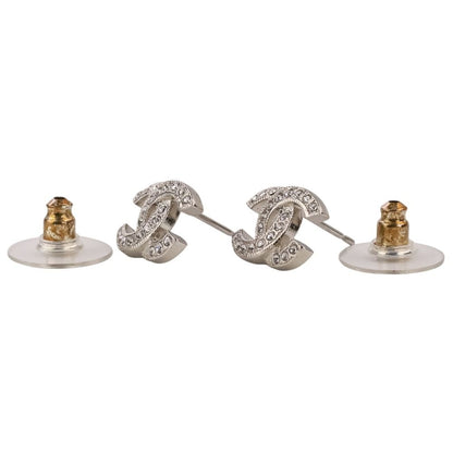 Chanel Rhinestone CC Logo Earrings Silver Colored — view 6