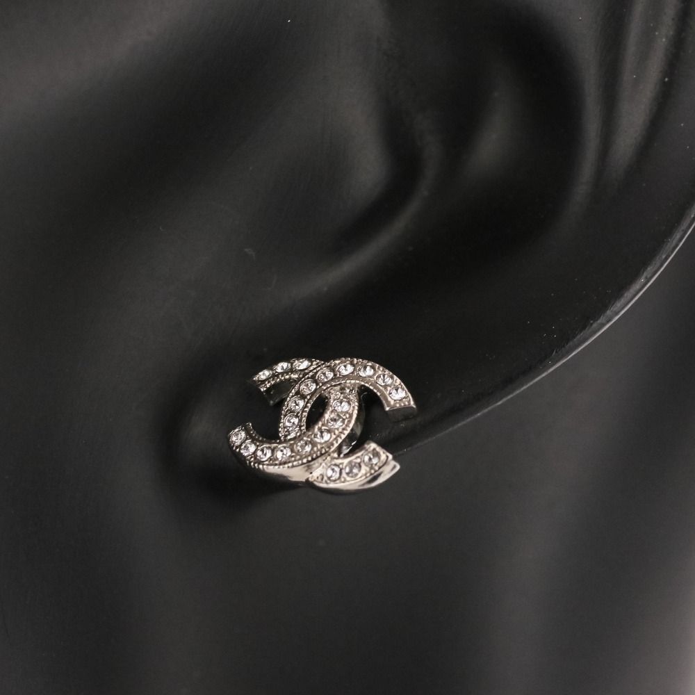 Chanel Rhinestone CC Logo Earrings Silver Colored — view 5
