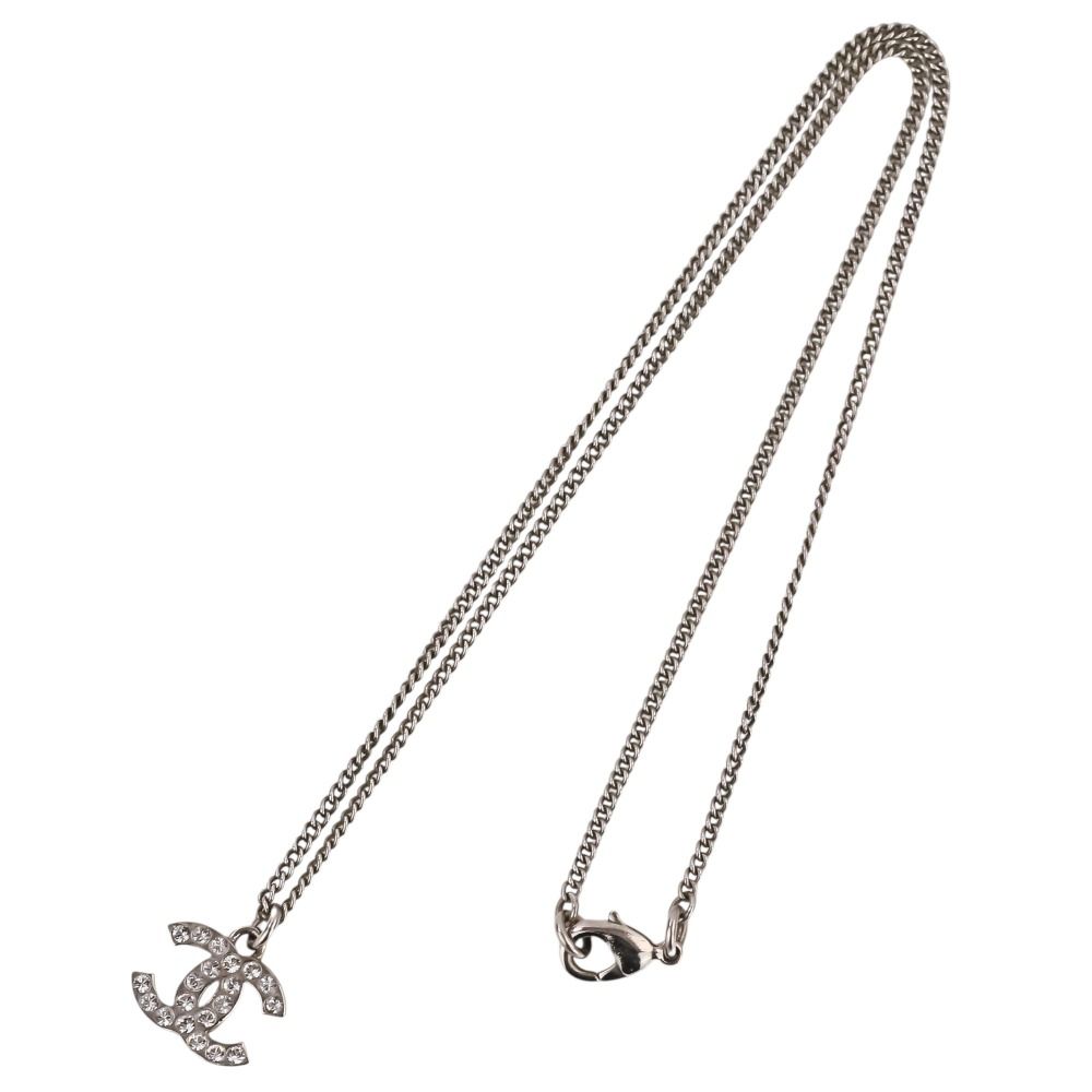 Chanel Rhinestone CC Logo Necklace Silver Colored — view 6