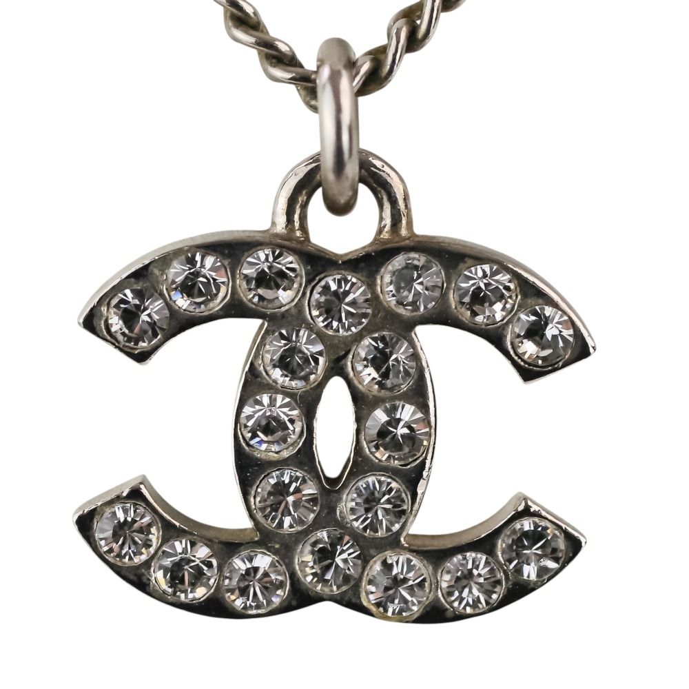 Chanel Rhinestone CC Logo Necklace Silver Colored