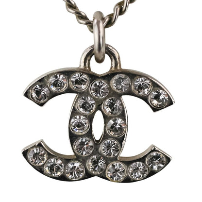 Chanel Rhinestone CC Logo Necklace Silver Colored