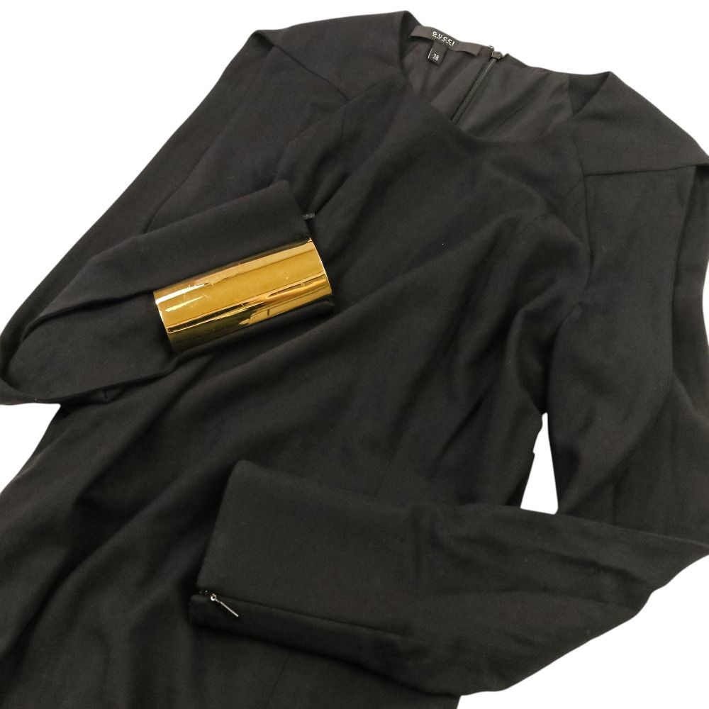 Gucci Frida Era Silk Blend Open Sleeve Gold Metal Cuff Knee-Length Dress 38 — view 5