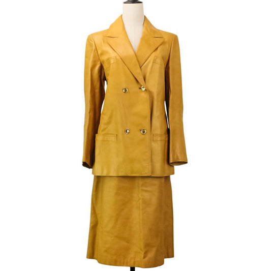 Gucci Vintage Leather Tailored Jacket Skirt Suit Set 48 Yellow Spring Summer 46