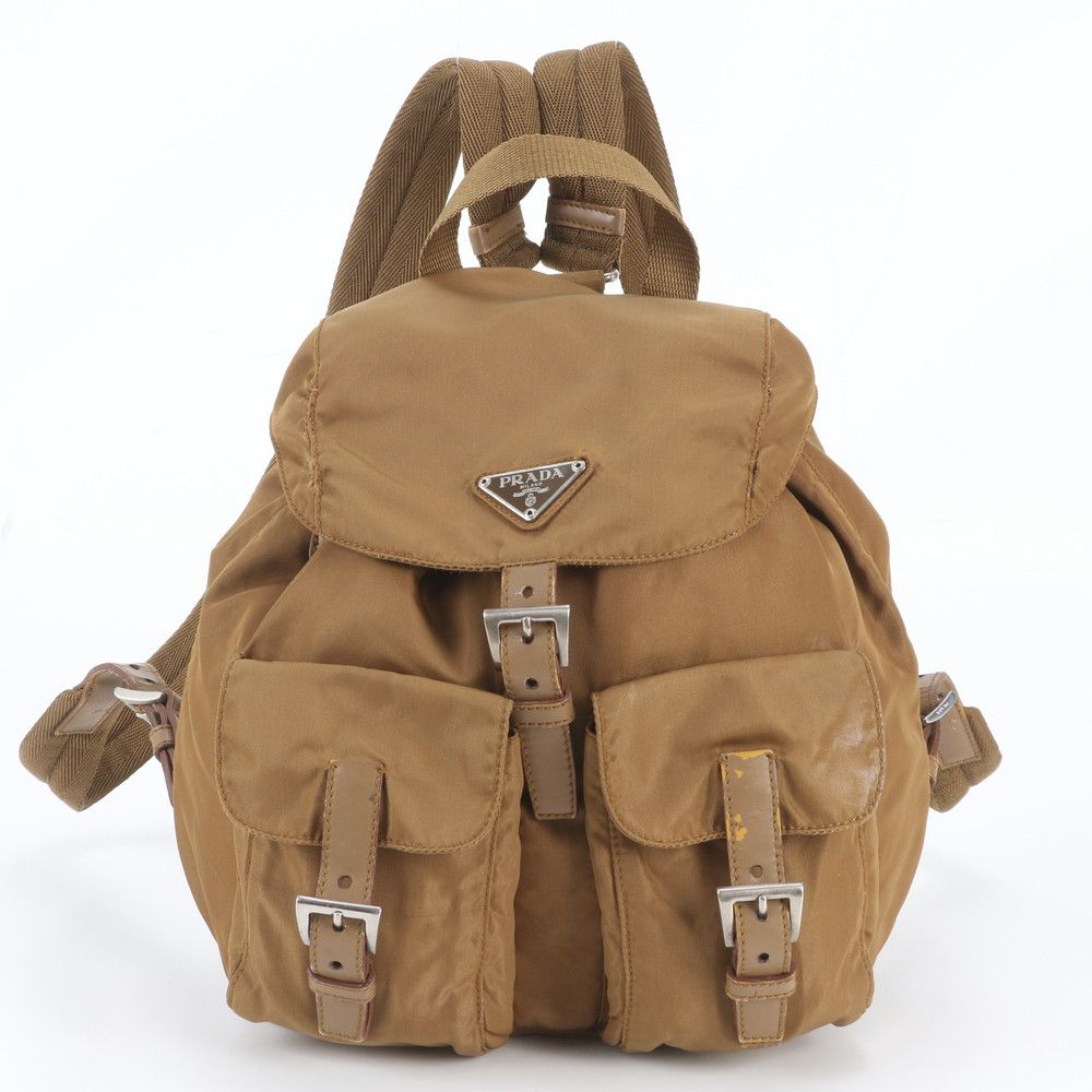 Prada Tessuto Nylon Triangle Logo Leather Backpack Brown