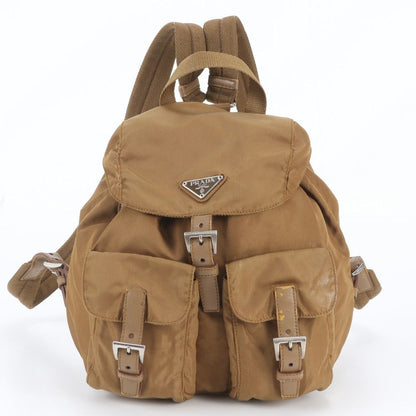 Prada Tessuto Nylon Triangle Logo Leather Backpack Brown
