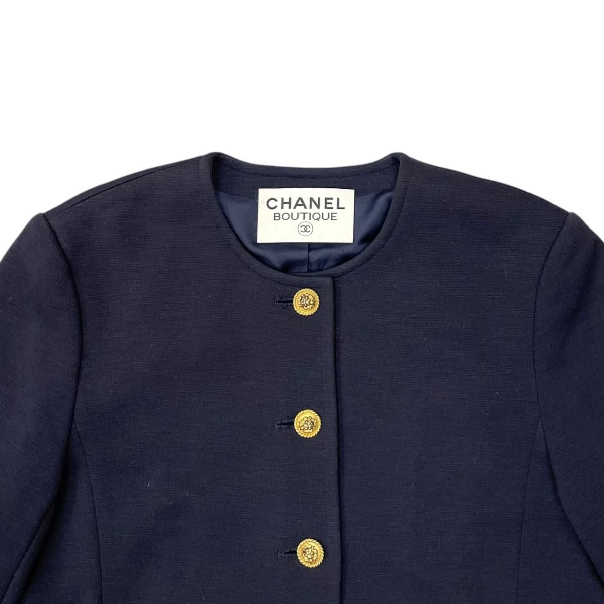 Chanel Boutique Collarless Jacket Lion Head Button Navy Gold — view 3