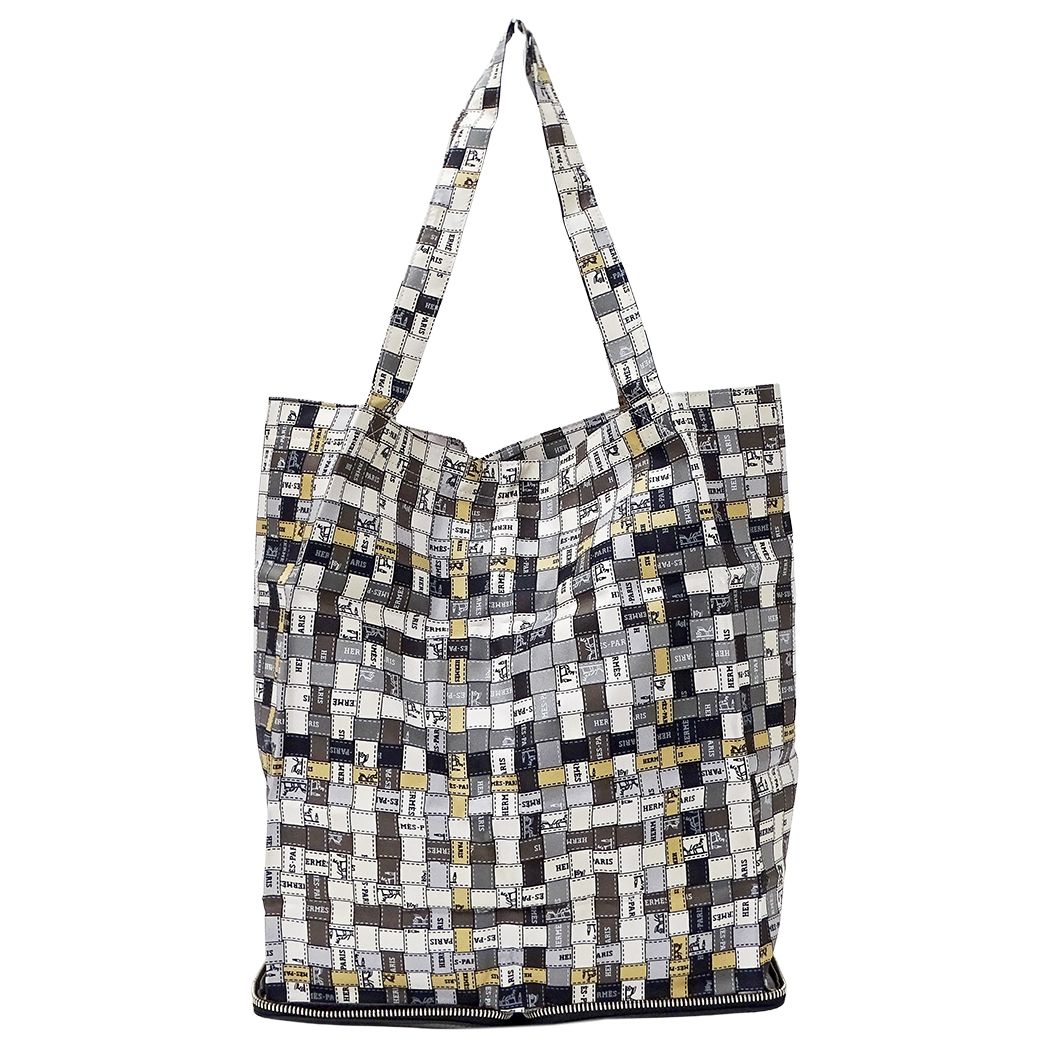 Hermes Silky Pop Tote Bag Silk Buffalo Skipper Gray Beige Black Bolduc Ribbon