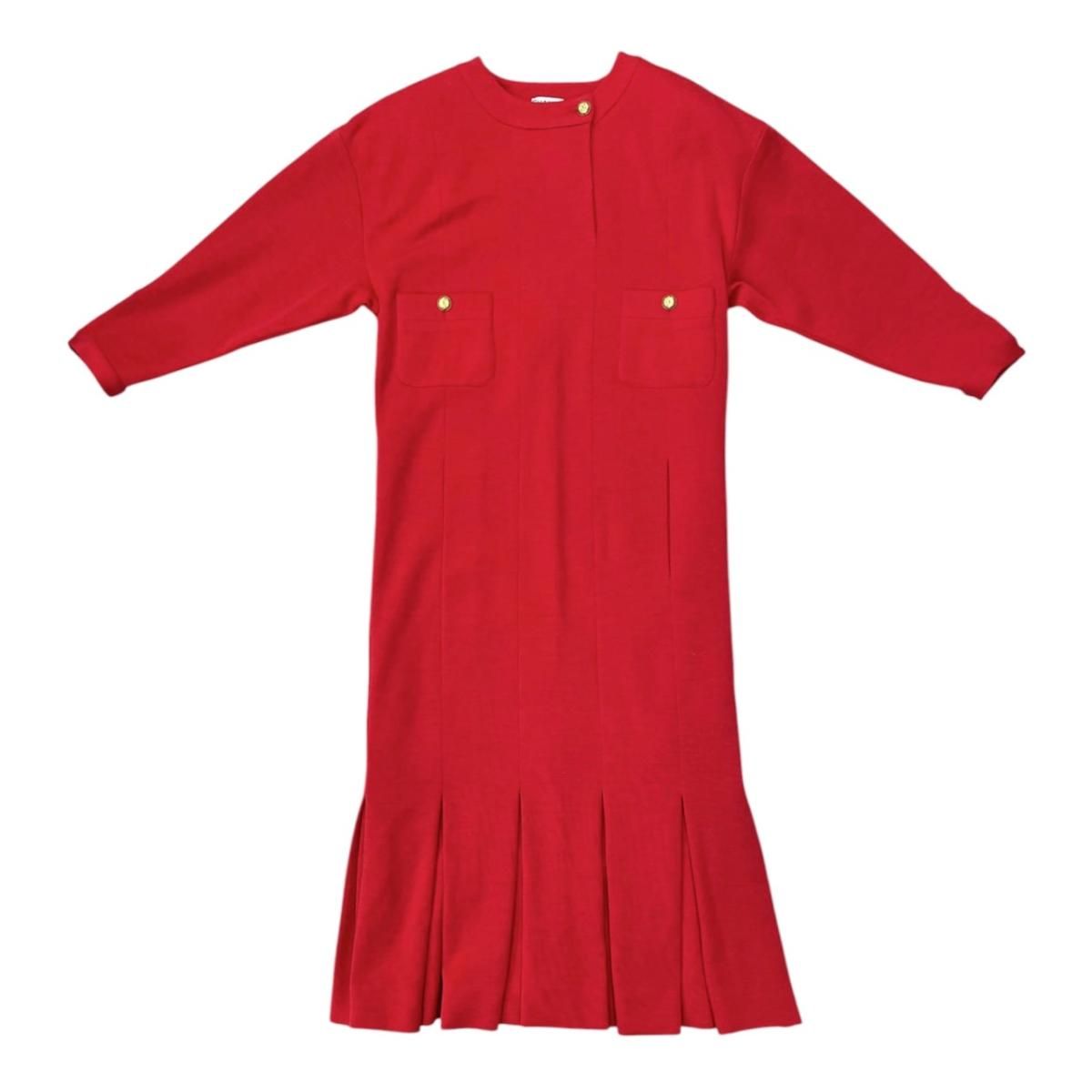 Chanel Boutique Long Dress Vintage CC Logo Button Wool Red 36