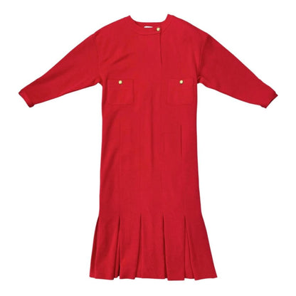 Chanel Boutique Long Dress Vintage CC Logo Button Wool Red 36