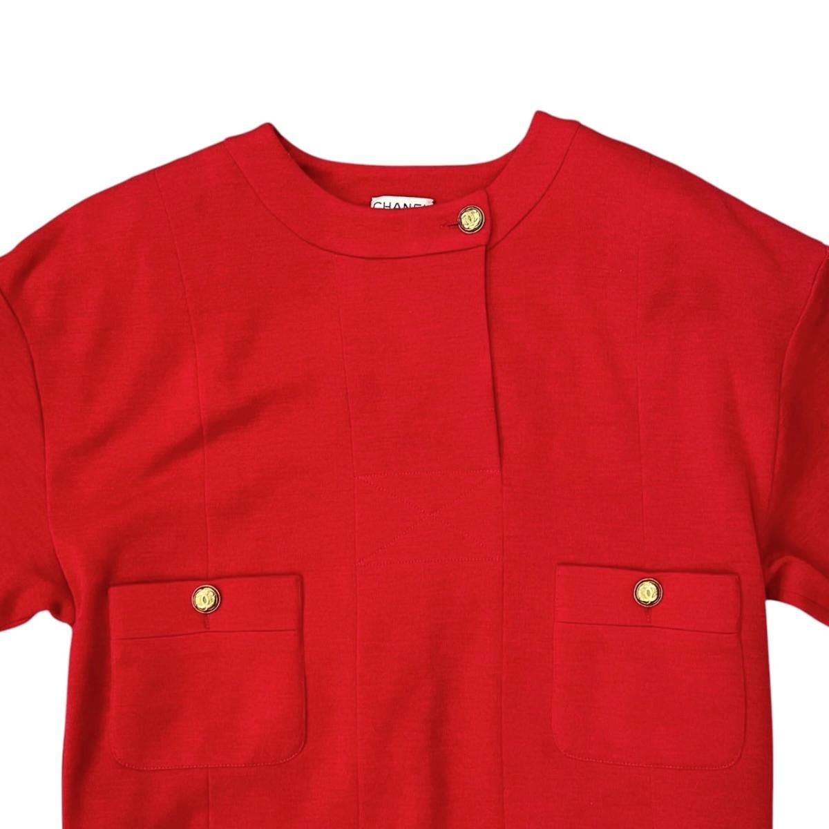 Chanel Boutique Long Dress Vintage CC Logo Button Wool Red 36 — view 3