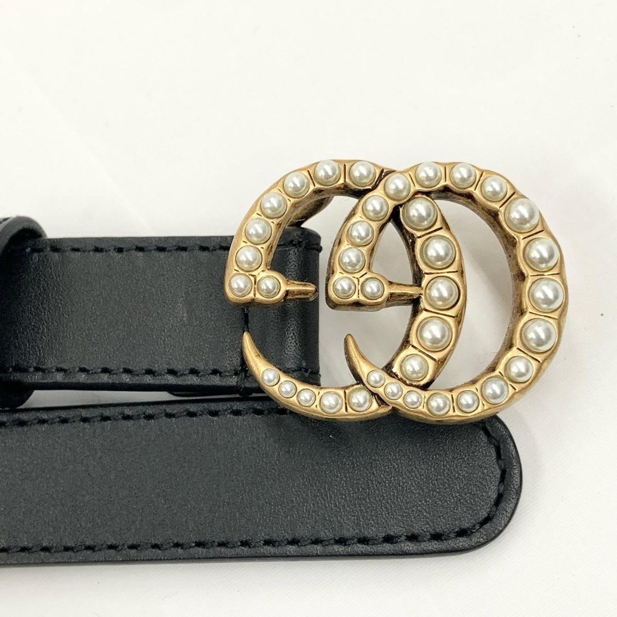 Gucci GG Marmont Double G Faux Pearl Leather Buckle Belt Black — view 3