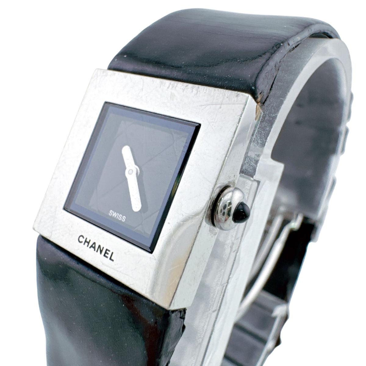 Chanel Quilted SS Stainless Steel Quartz Watch Black Dial Square Delicate
