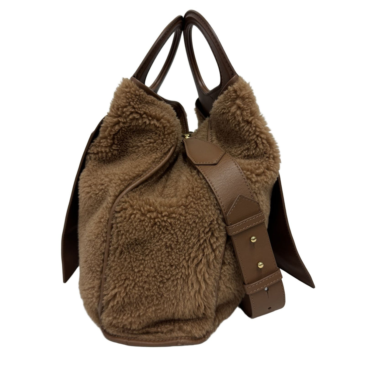 Max Mara Teddy Bear Fur Leather 2-Way Shoulder Bag Brown Camel Luxury High — view 2