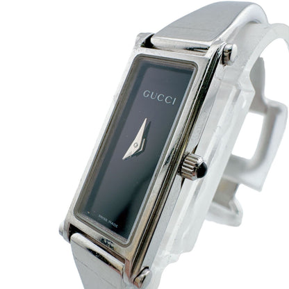 Gucci Bangle Watch SS Stainless Steel Quartz Horsebit Silver Black Dial