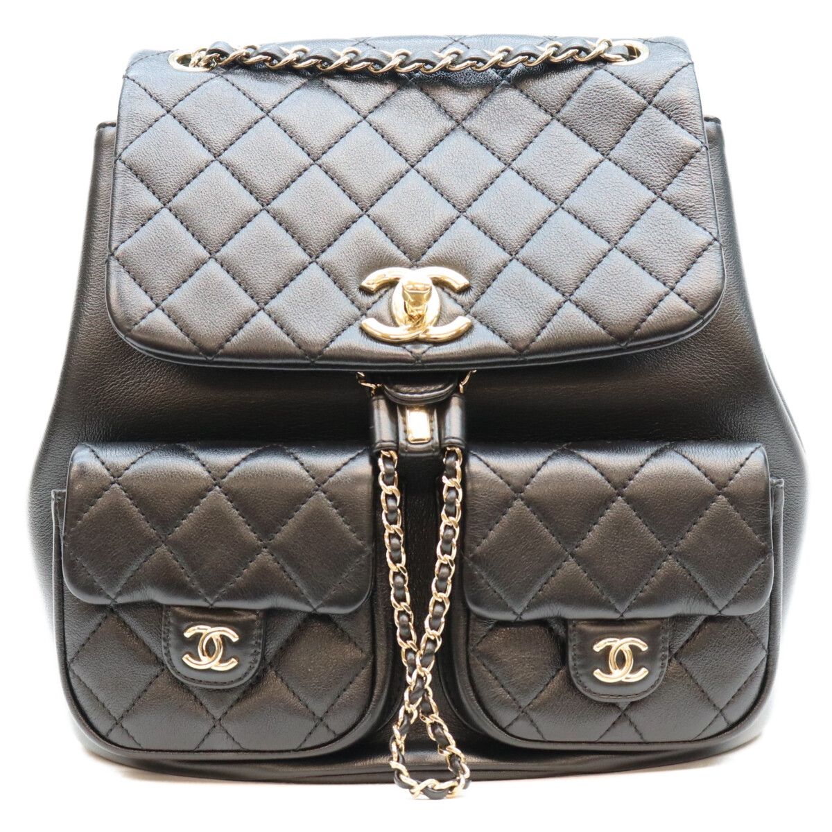 Chanel Black Lamb Quilted CC Logo Backpack