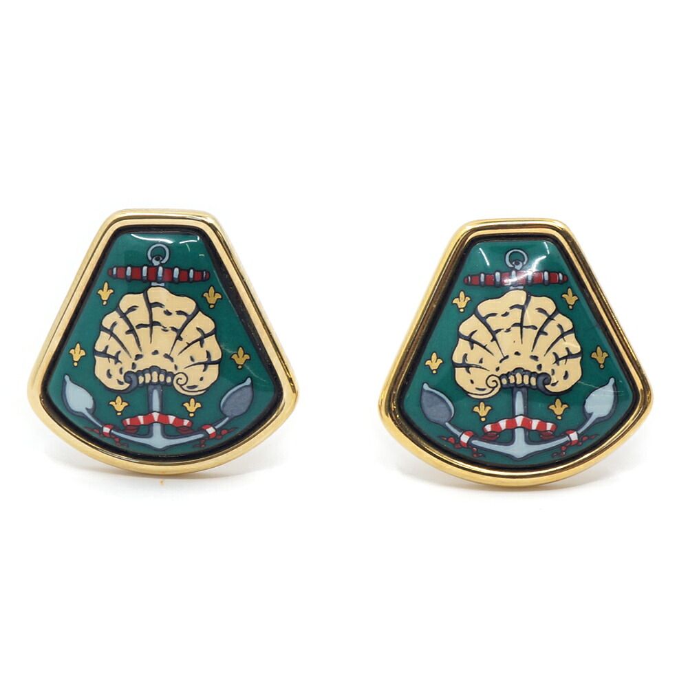 Hermes Enamel Earrings Seashells Gold Metal