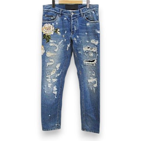 Dolce & Gabbana 14 Gold Long Length Denim Pants Jeans Blue Button Fly Rose 48