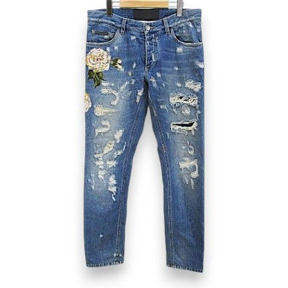 Dolce & Gabbana 14 Gold Long Length Denim Pants Jeans Blue Button Fly Rose 48