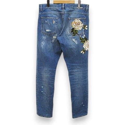 Dolce & Gabbana 14 Gold Long Length Denim Pants Jeans Blue Button Fly Rose 48 — view 2