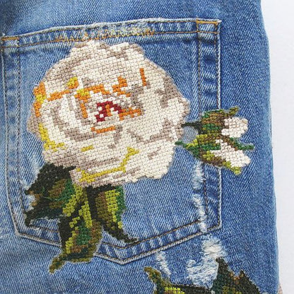 Dolce & Gabbana 14 Gold Long Length Denim Pants Jeans Blue Button Fly Rose 48 — view 7