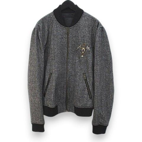 Dolce & Gabbana Herringbone Pattern Bomber Jacket Black Zip Up Embroidery 50