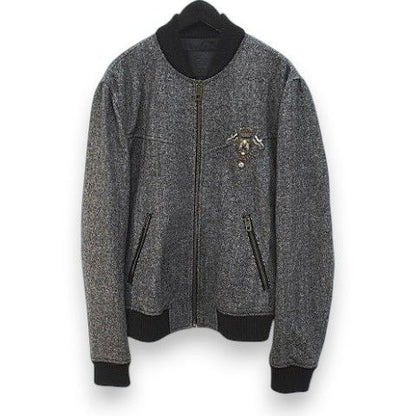 Dolce & Gabbana Herringbone Pattern Bomber Jacket Black Zip Up Embroidery 50