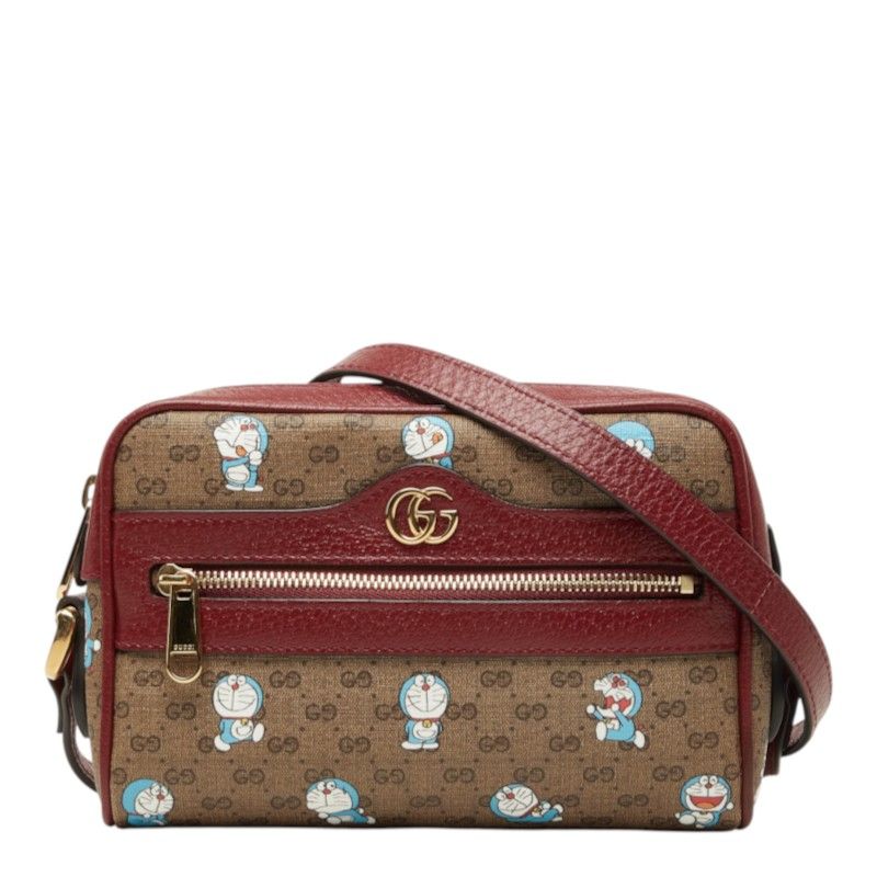 Gucci Doraemon Mini GG Supreme Crossbody Shoulder Bag Brown Bordeaux Leather