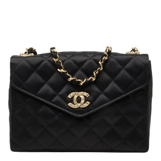 Chanel CC Logo Quilted Chain Shoulder Bag Black Gold Rhinestone Silk Satin