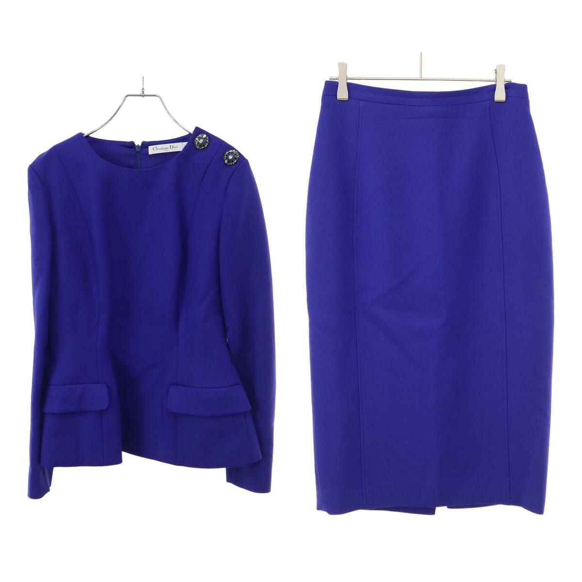 Dior Flower Bijou Collarless Jacket &skirt Set Suit Blue