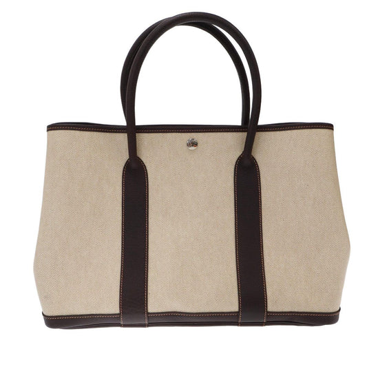 Hermes Garden Party PM Canvas Leather Tote Bag Beige Brown