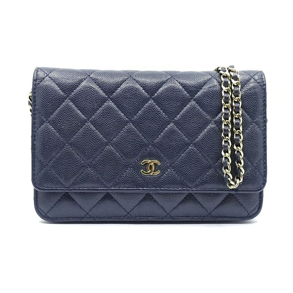 Chanel Chain Wallet Caviar Leather Navy CC Logo Shoulder Bag