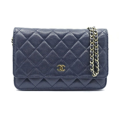 Chanel Chain Wallet Caviar Leather Navy CC Logo Shoulder Bag