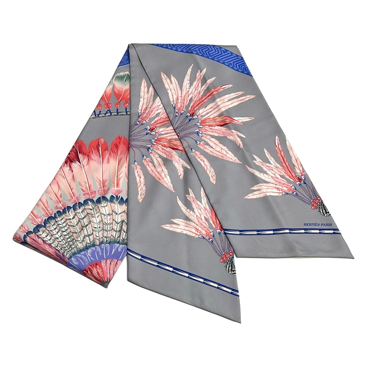 Hermes Scarf Maxi Twilly Gray Blue Pink Ribbon